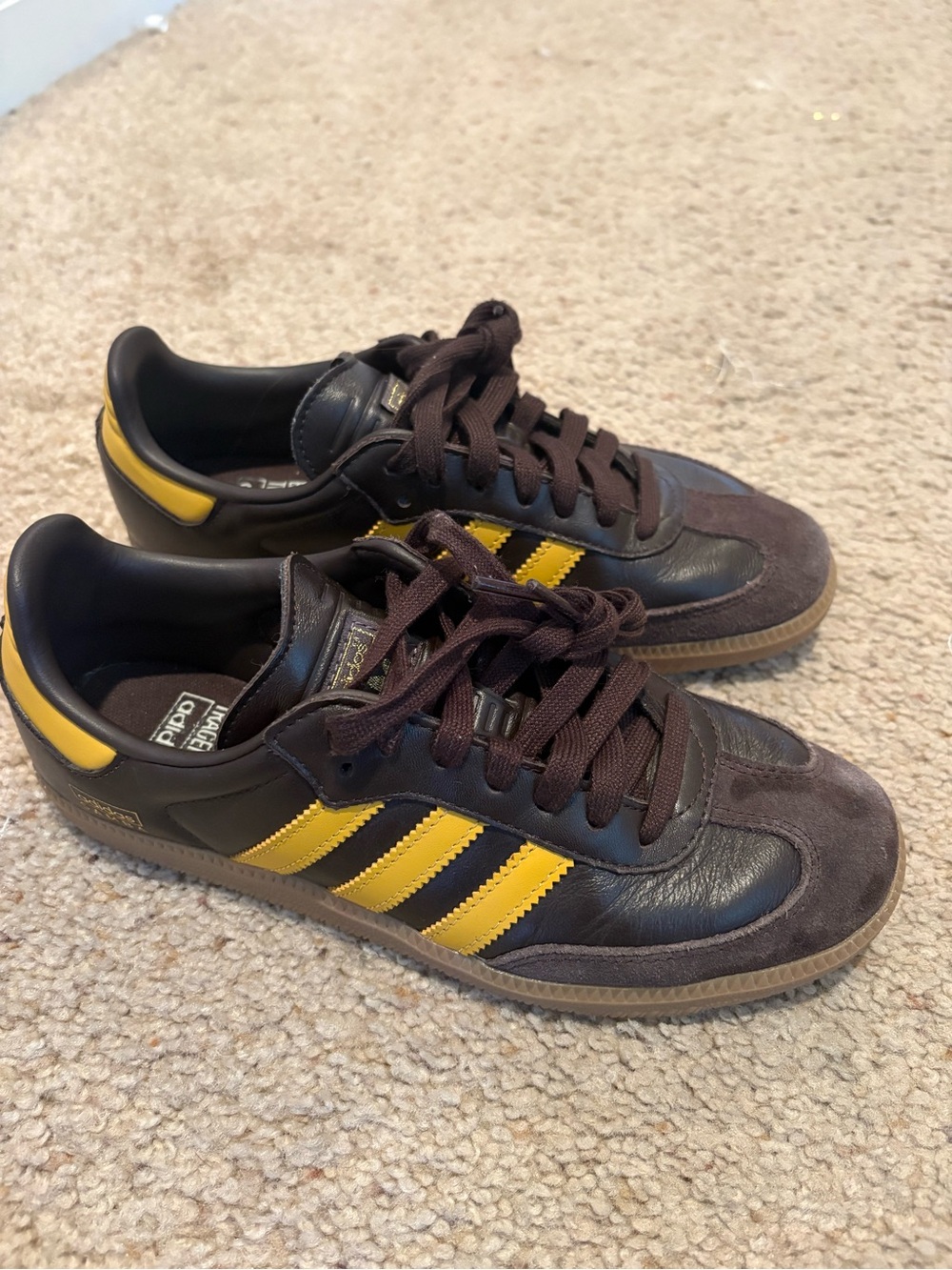 adidas Women’s Brown Leather Sneakers with Yellow Stripes
